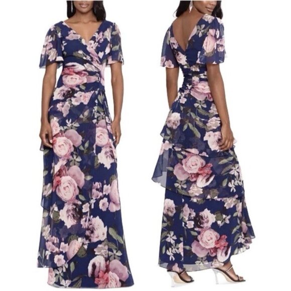 XSCAPE Formal Gown 14 Indigo Navy Garden Floral Chiffon Flowy Tiered NWT $269 - Picture 1 of 12